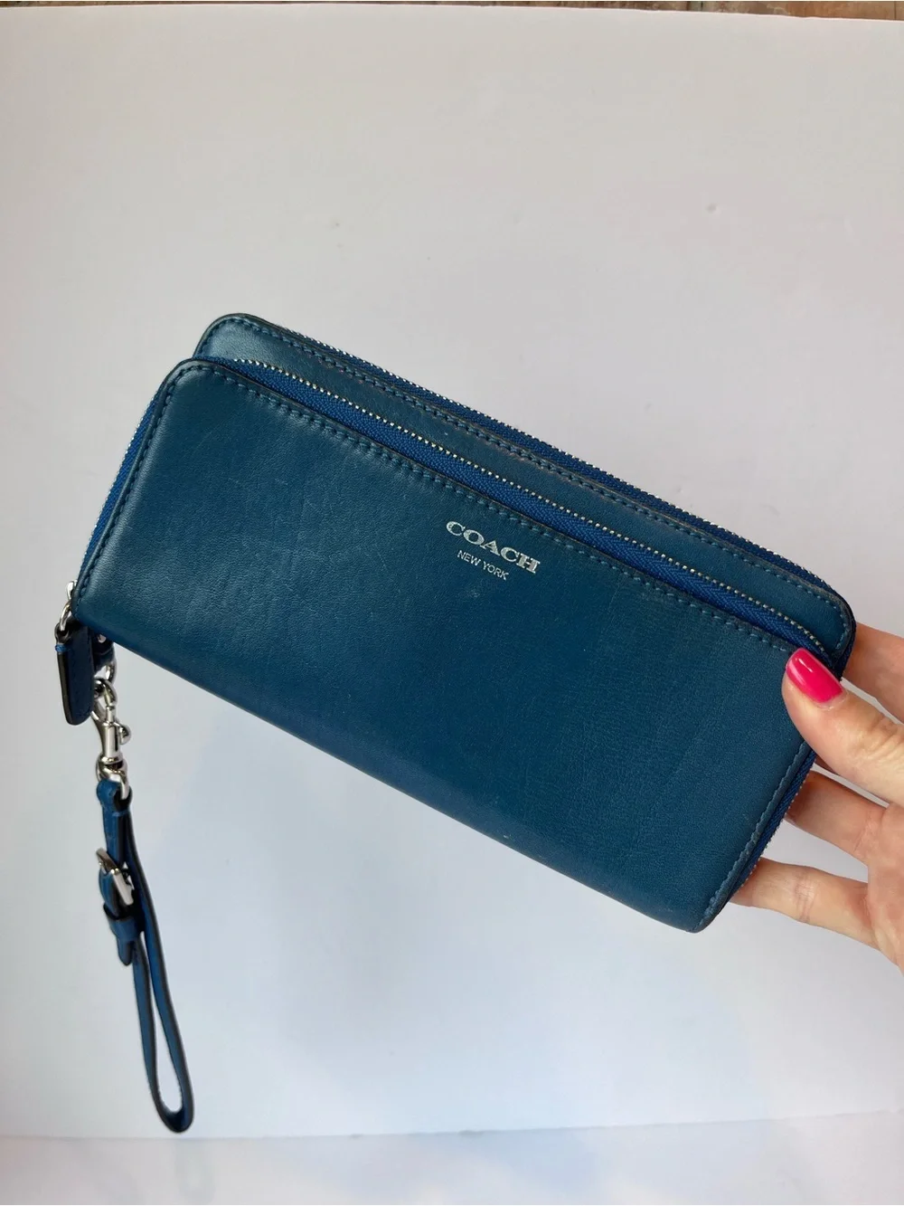 Coach Blue Leather Double Zip Wallet Clutch